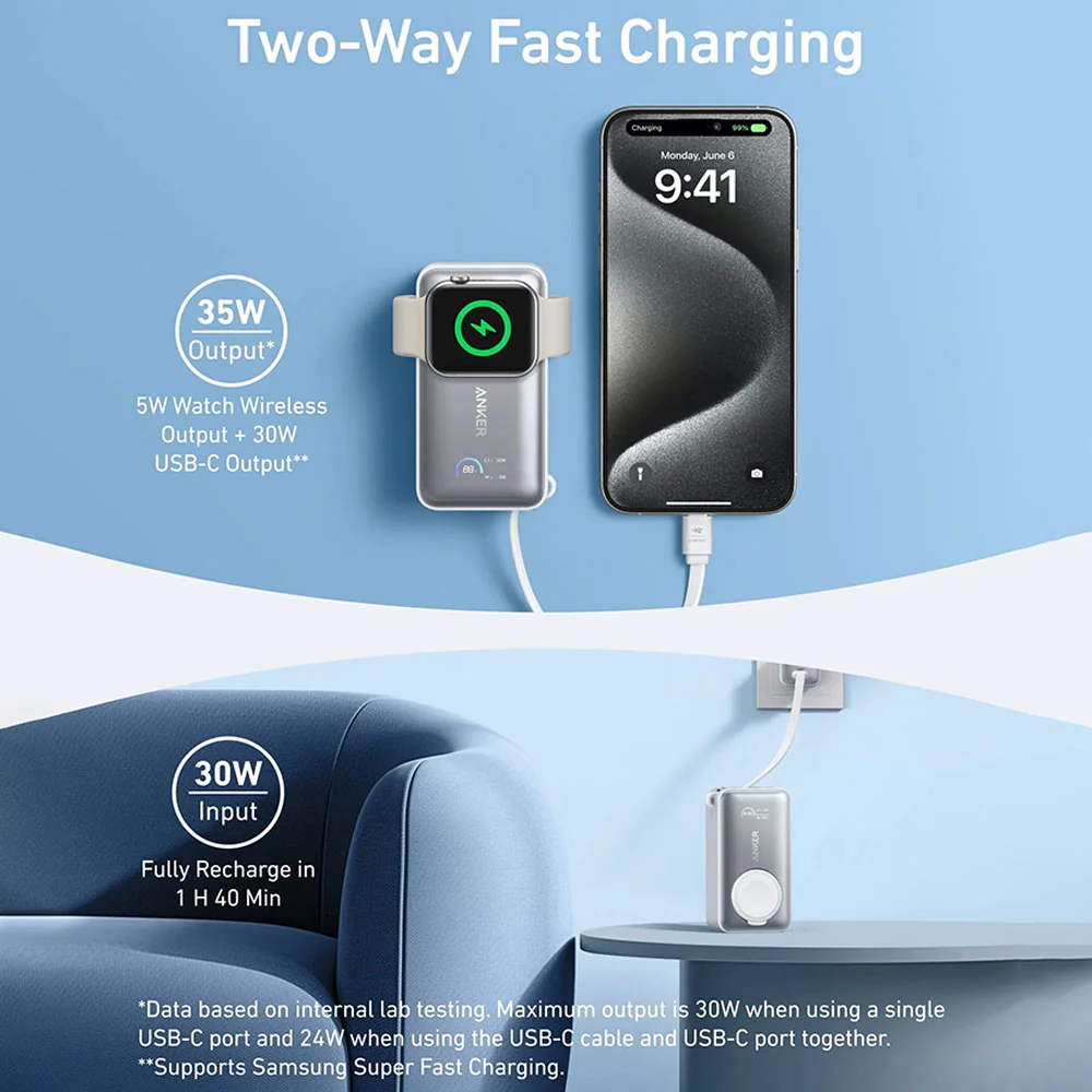 Anker 10K A1657H21 MagGo Magnetic Wireless Power Bank Type-C 35W Fast Charging 10000mAh Built in Type-C Cable With Watch Charger - White - Image 6