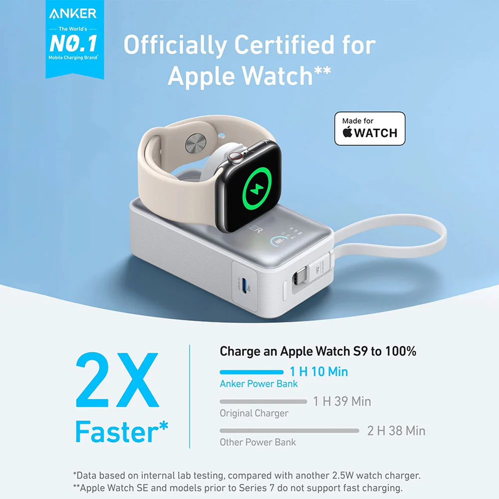 Anker 10K A1657H21 MagGo Magnetic Wireless Power Bank Type-C 35W Fast Charging 10000mAh Built in Type-C Cable With Watch Charger - White - Image 7