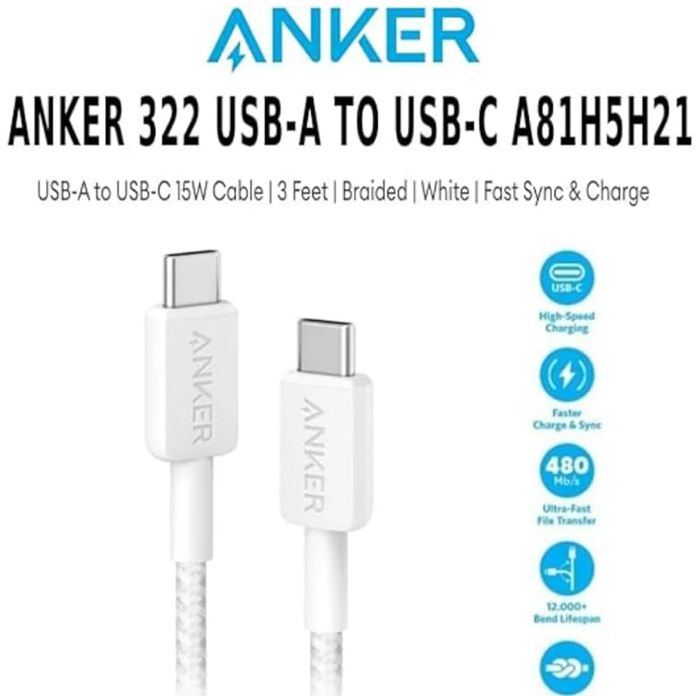 Anker 322 A81H5H21 USB To Type-C Cable 15W Fast Charging 0.9m - White - Image 5