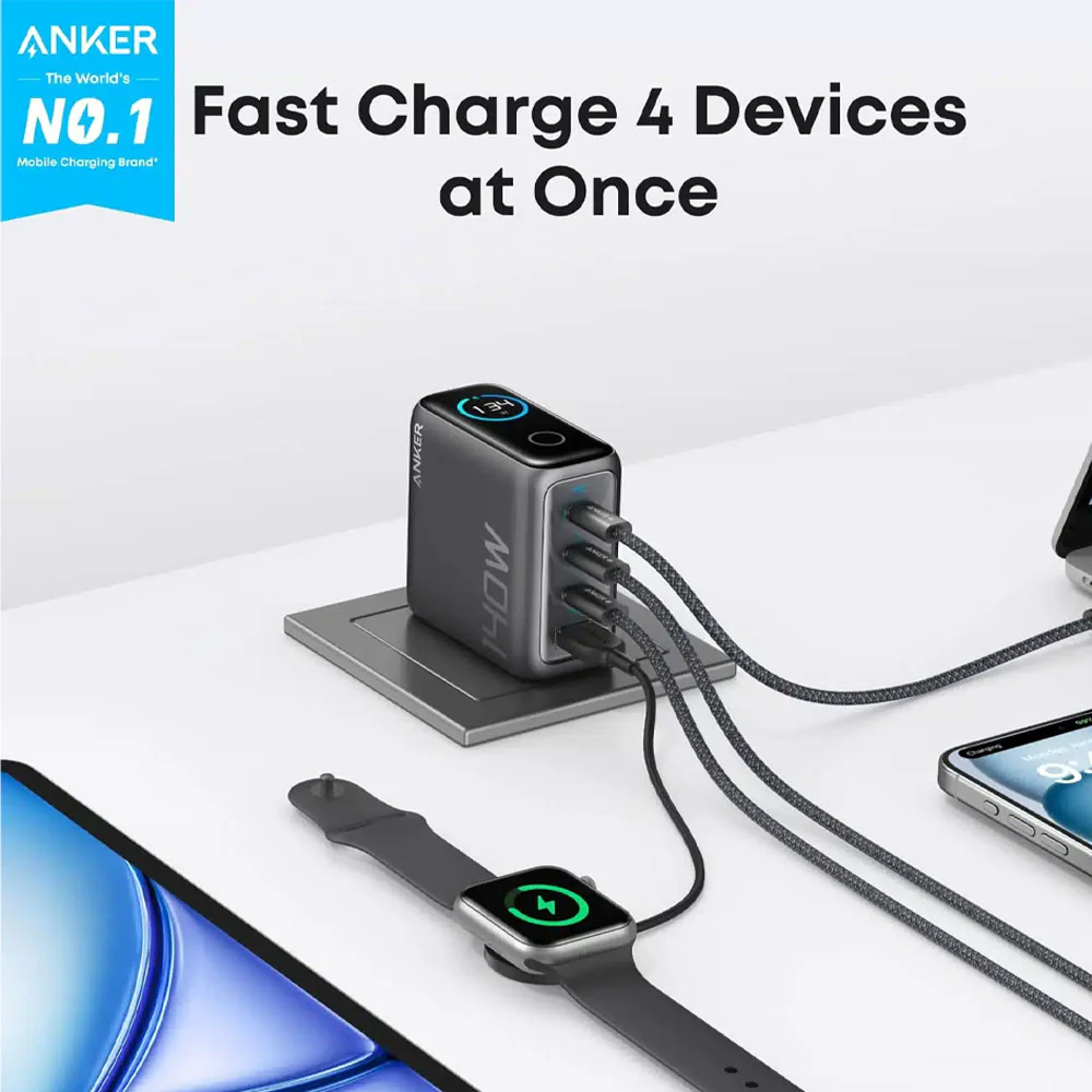 Anker B2697GZ1 Wall Charger 3x PD Type-C + USB + Type-C Cable 140W Fast Charging - Dark Gray - Image 3