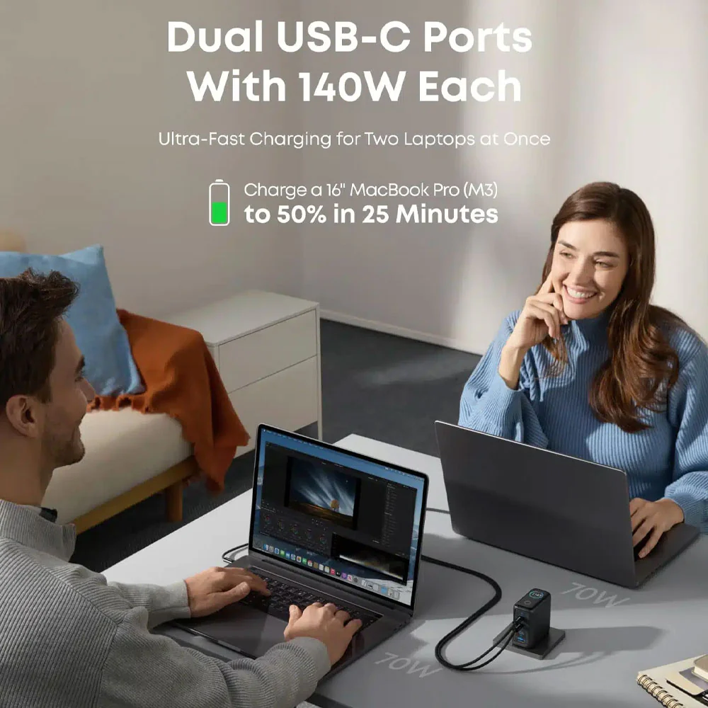 Anker B2697GZ1 Wall Charger 3x PD Type-C + USB + Type-C Cable 140W Fast Charging - Dark Gray - Image 7
