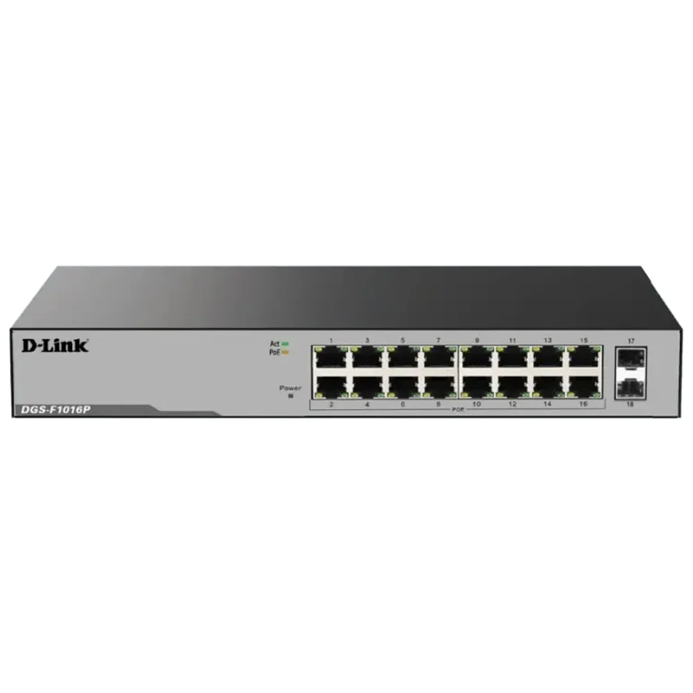 D-Link DGS-F1016P Unmanaged Rackmount Switch 16 Ports PoE 10/100/1000Mbps + 2 Ports SFP 10/100/1000Mbps Uplink