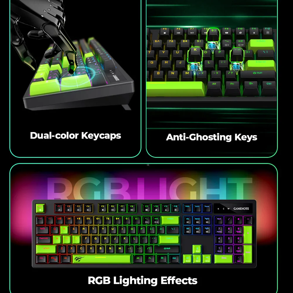 Havit KB893L Blue Switch Wired RGB Gaming Keyboard English & Arabic - Black x Green - Image 4