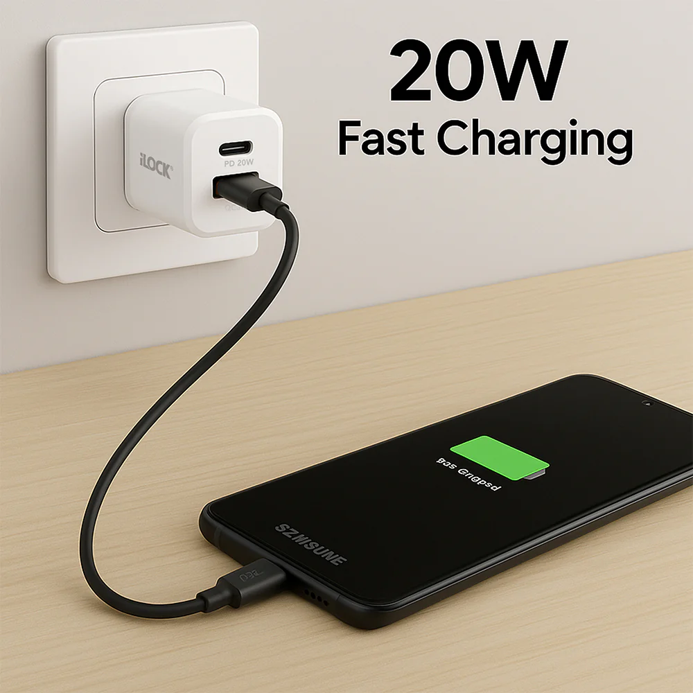 iLock 5093 GaN Wall Charger PD Type-C + QC3.0 USB 20W Fast Charging - White - Image 5