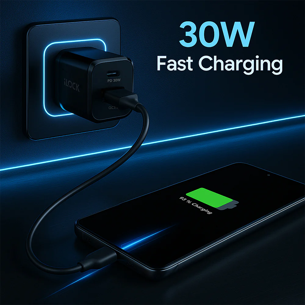 iLock 5094 GaN Wall Charger PD Type-C + QC3.0 USB 30W Fast Charging - Black - Image 6