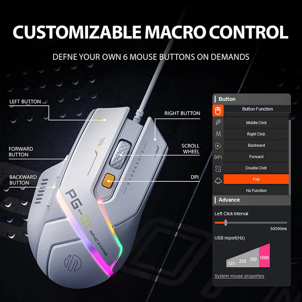 Inphic PG1 Wired RGB Gaming Mouse 12800Dpi - White - Image 2