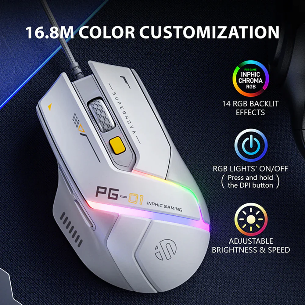 Inphic PG1 Wired RGB Gaming Mouse 12800Dpi - White - Image 3