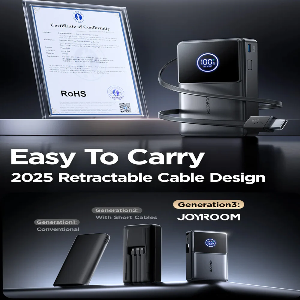 Joyroom Elva Series JR-PR1 Mini Power Bank Type-C 22.5W 10000mAh Built-in Retractable Type-C Cable - Black - Image 7