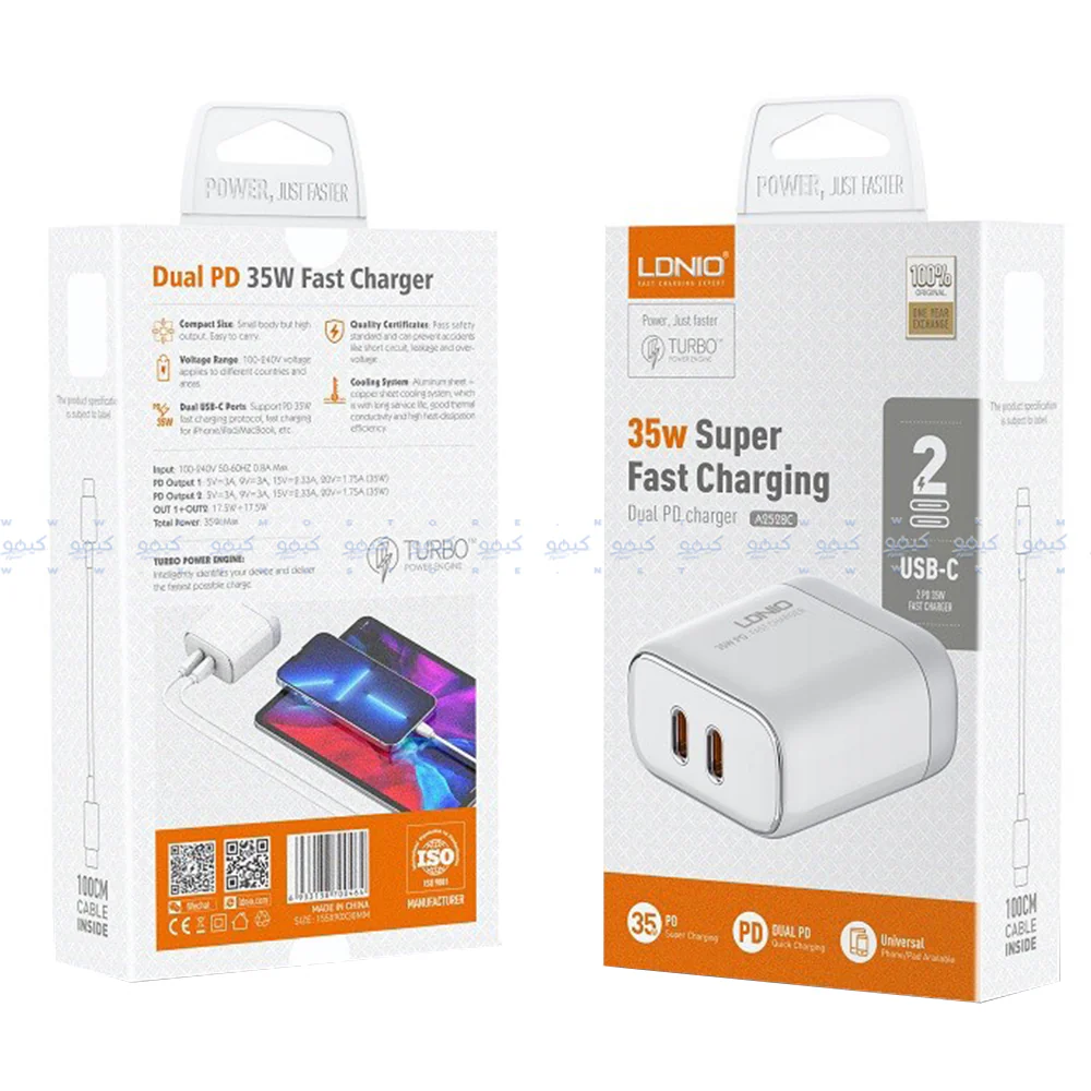 Ldnio A2528C Wall Charger 2x Type-C + Type-C Cable 35W Fast Charging - Image 2