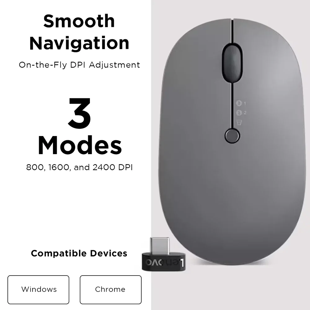 Lenovo Go Triple Mode Rechargeable Bluetooth Wireless Mouse 2400Dpi - Storm Grey - Image 11