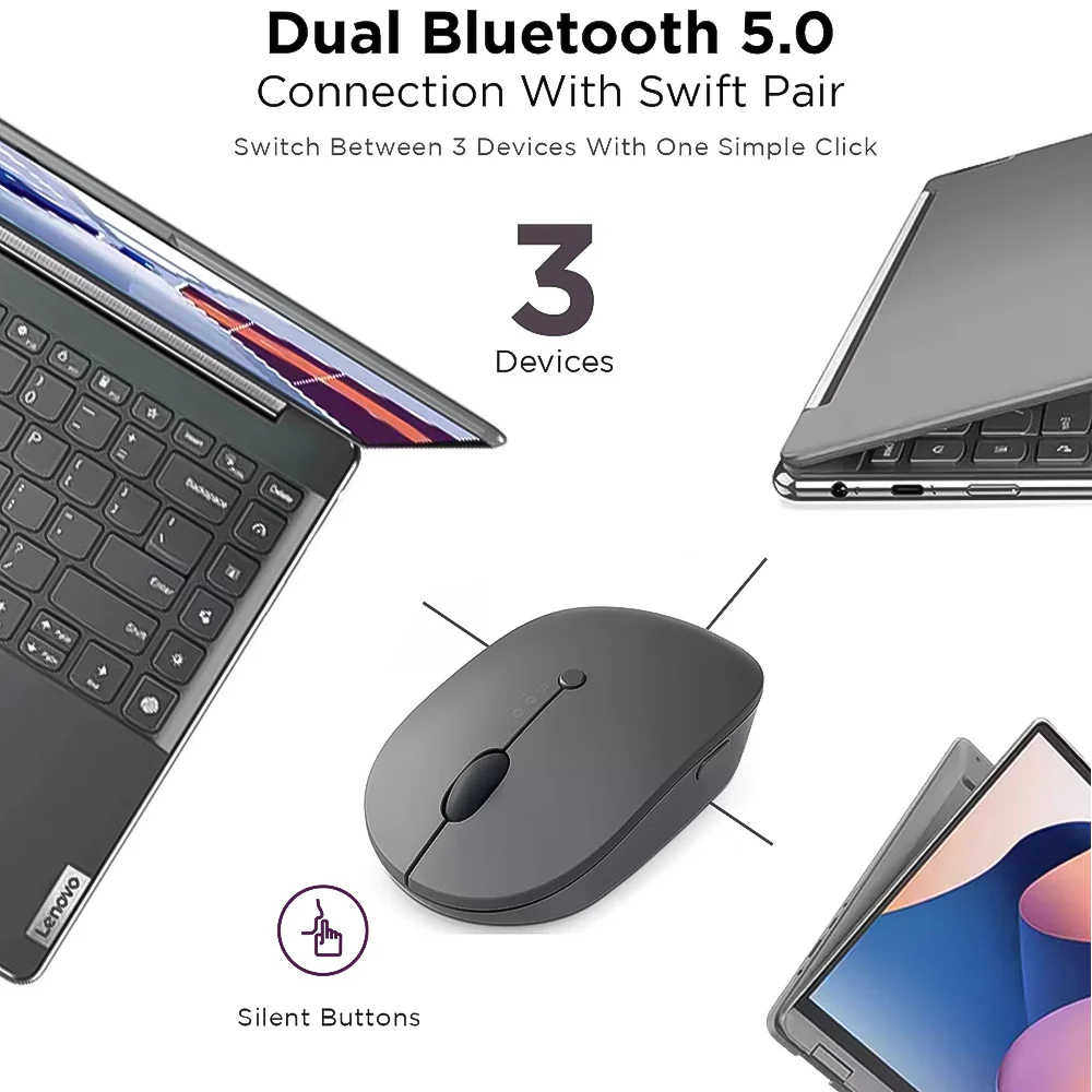 Lenovo Go Triple Mode Rechargeable Bluetooth Wireless Mouse 2400Dpi - Storm Grey - Image 12