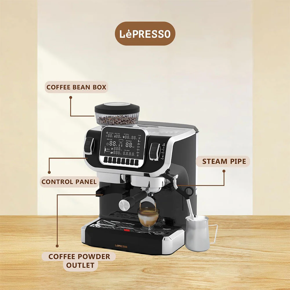 LePresso Espresso Coffee Maker With Bean Grinder LPECMLDBK 1450W - Black - Image 4