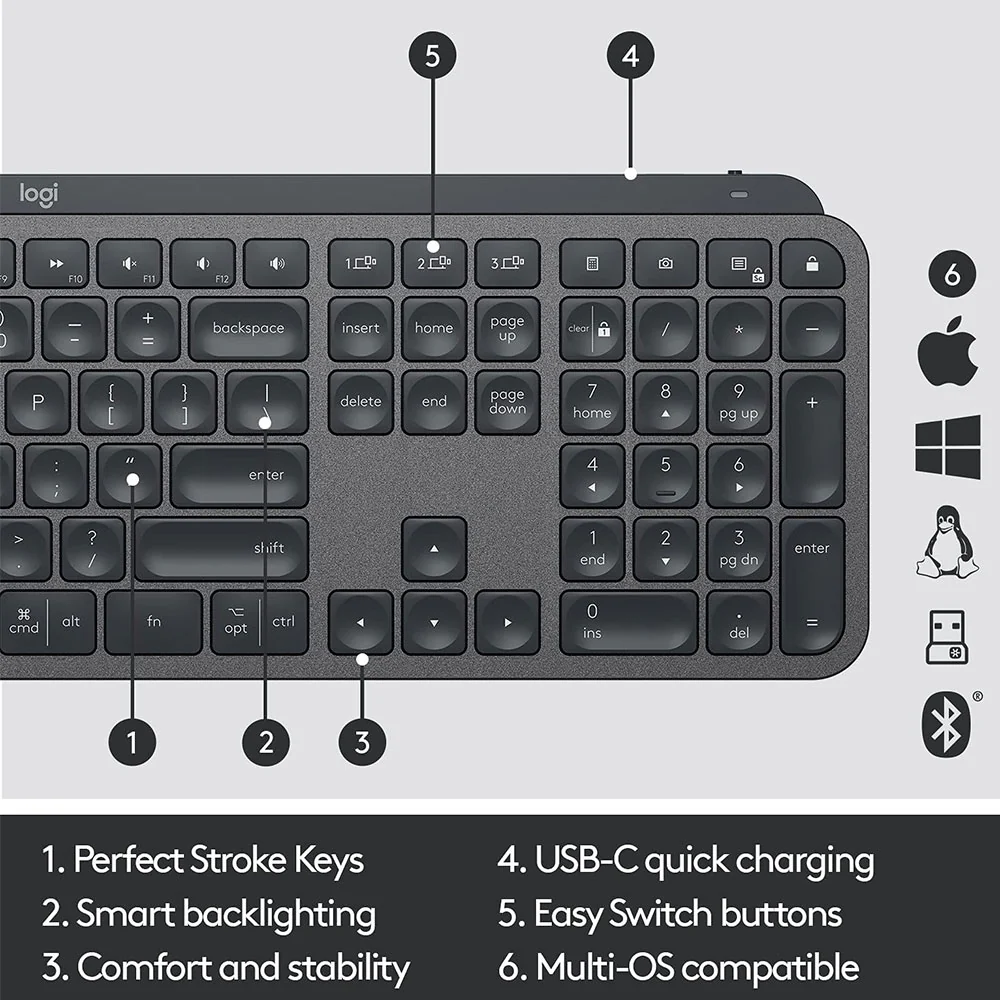 Logitech MX Keys S Rechargeable Dual Mode Bluetooth Wireless Keyboard English & Arabic - Graphite - Image 6