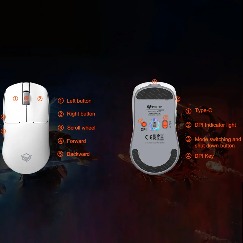 Meetion Air GW40 Pro Triple Mode Rechargeable Bluetooth Wireless & Wired Mouse 2600DPI - White - Image 14