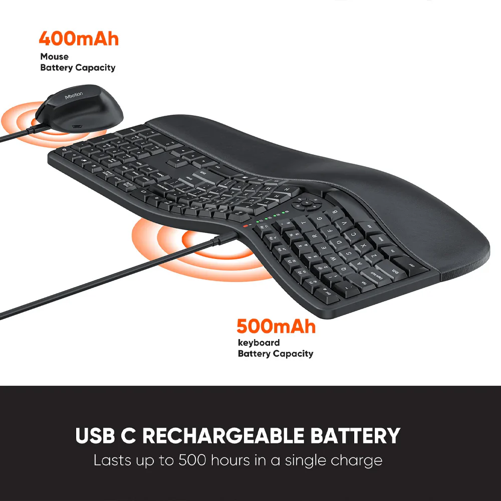 Meetion DirectorC Ergonomic Rechargeable Wireless Keyboard + Mouse Combo English & Arabic - Black - Image 7