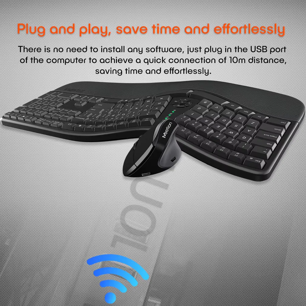 Meetion DirectorC Ergonomic Rechargeable Wireless Keyboard + Mouse Combo English & Arabic - Black - Image 8