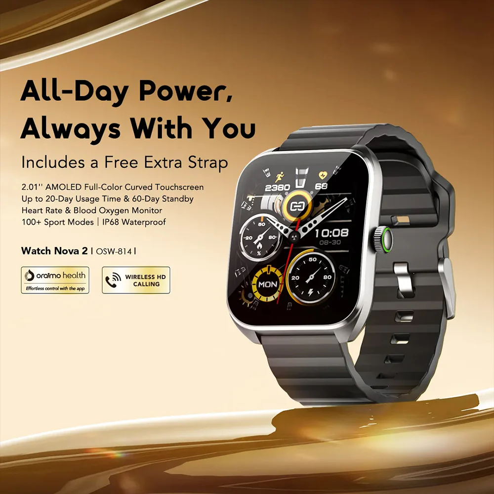 Oraimo Watch Nova 2 OSW-814 Smart Watch Black Case With Black Silicone Strap - Image 3