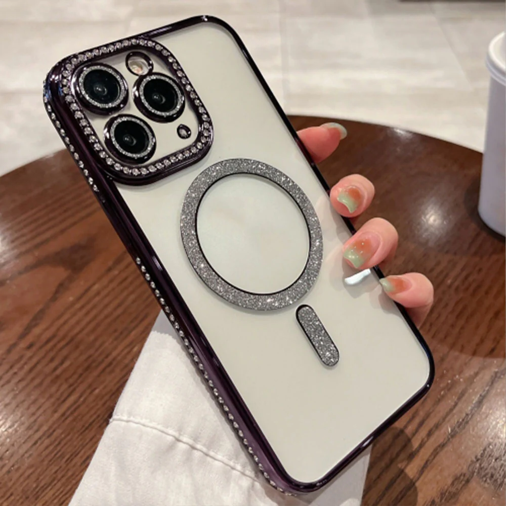 Phone Silicone Magsafe Transparent Cover With Lens Protector and Purple Edges iPhone 14 Pro Max