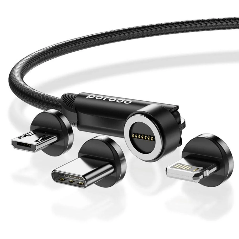 Porodo PD-31MGC-BK USB To Type-C + Lightning + Micro Rotating Connector Magnetic 3in1 Cable 1m - Image 3