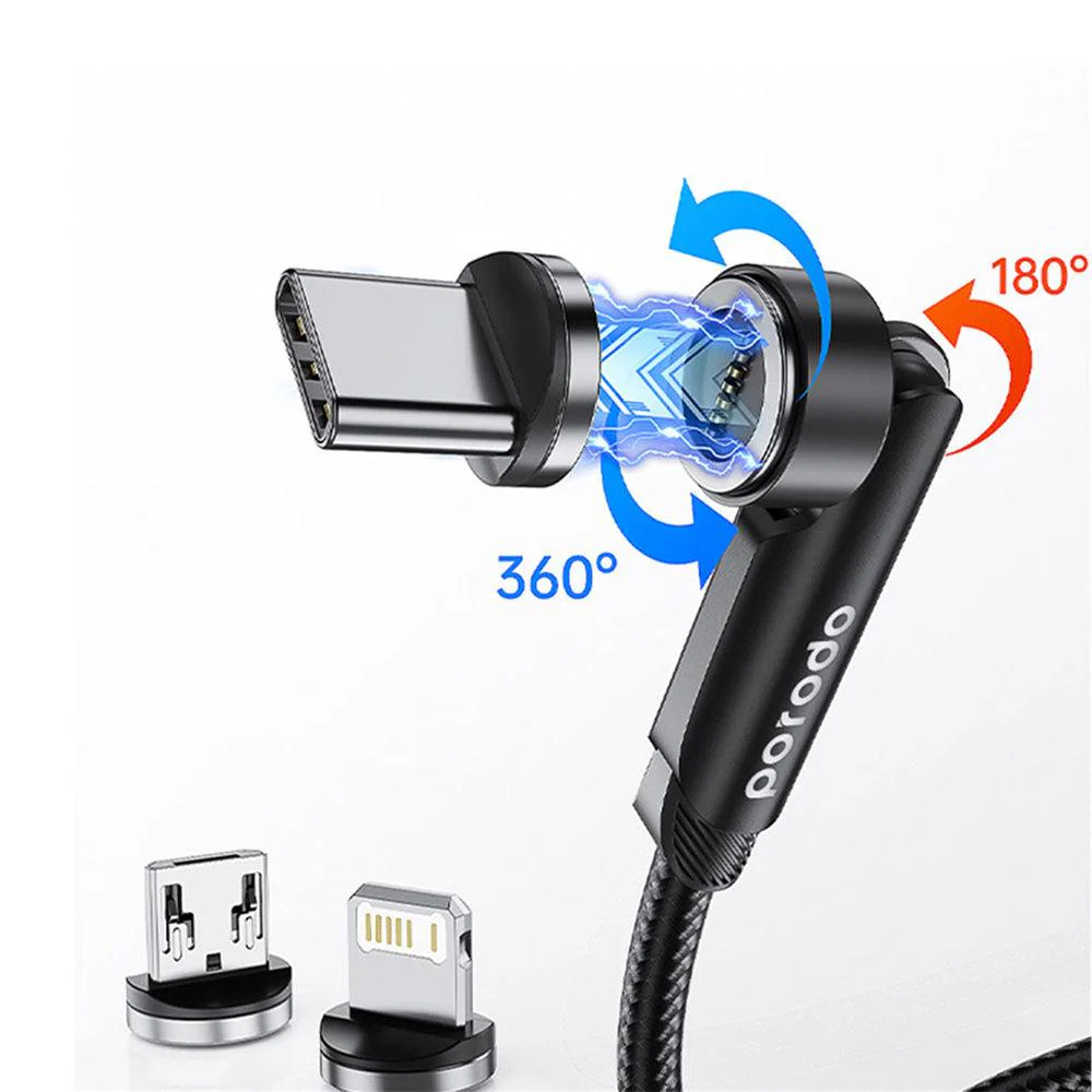 Porodo PD-31MGC-BK USB To Type-C + Lightning + Micro Rotating Connector Magnetic 3in1 Cable 1m - Image 5