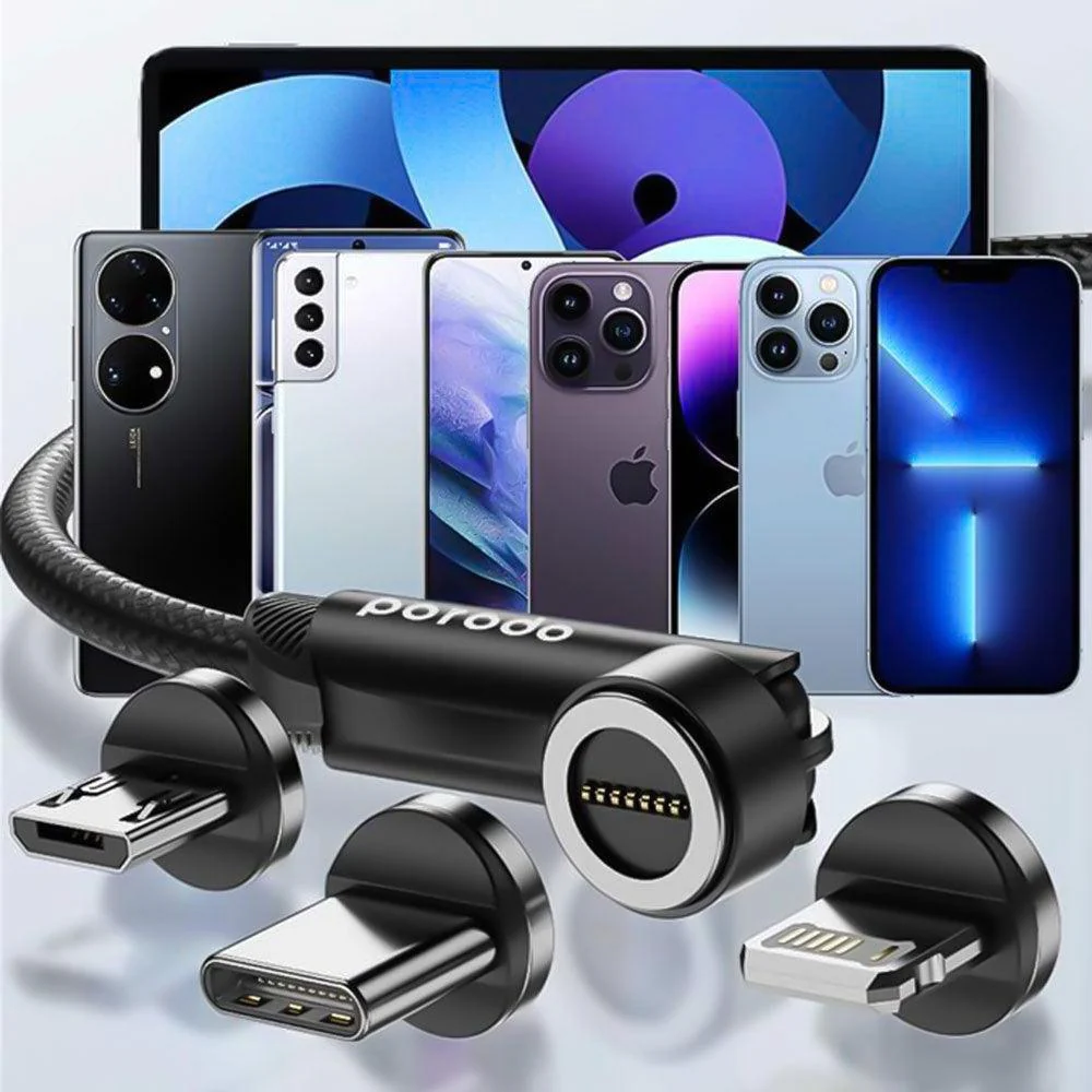 Porodo PD-31MGC-BK USB To Type-C + Lightning + Micro Rotating Connector Magnetic 3in1 Cable 1m - Image 6