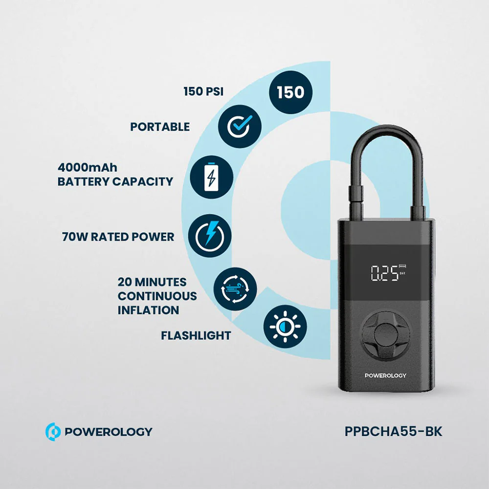 Powerology Ultra Portable Air Compressor With Power Bank PPBCHA55BK - Image 7