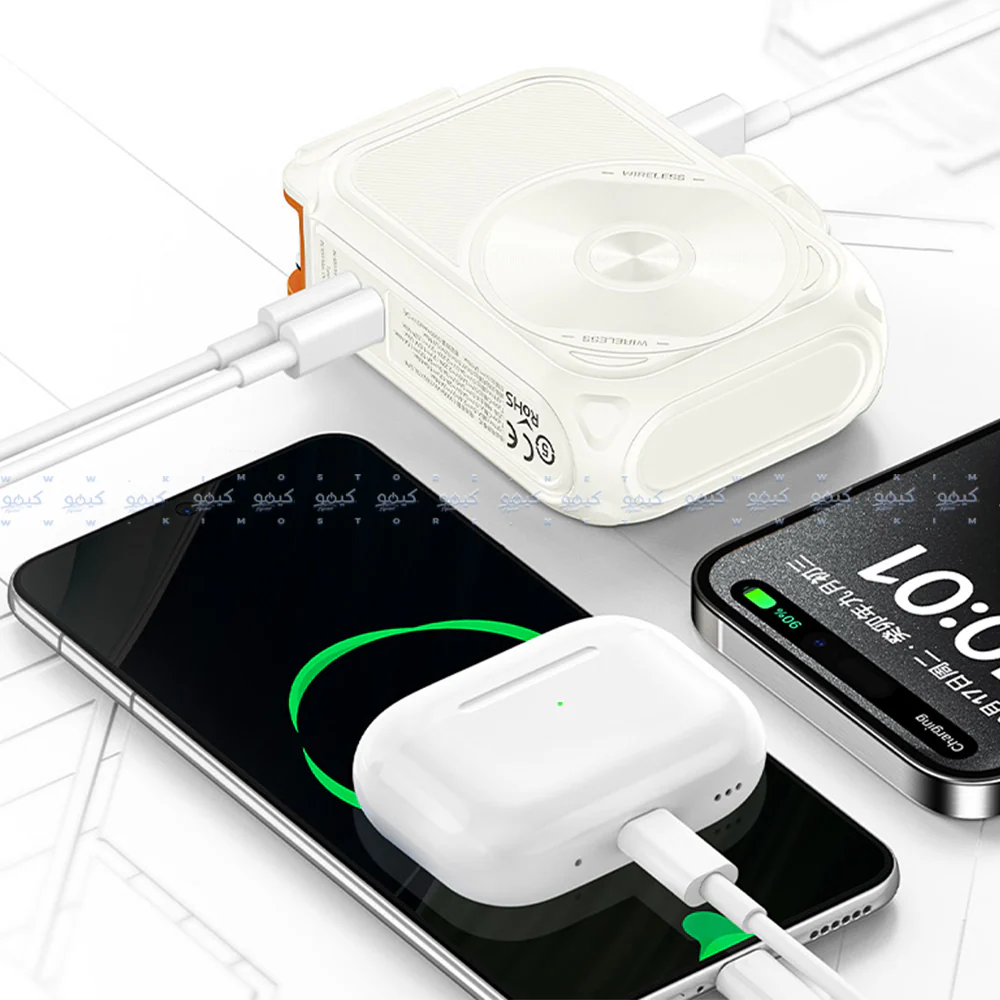 Recci Voyage RPB-A06 5in1 Magnetic Wireless Power Bank With Holder USB + Type-C + Lightning 22.5W Fast Charging 10000mAh Built-In Charger + Type-C Cable - White - Image 3