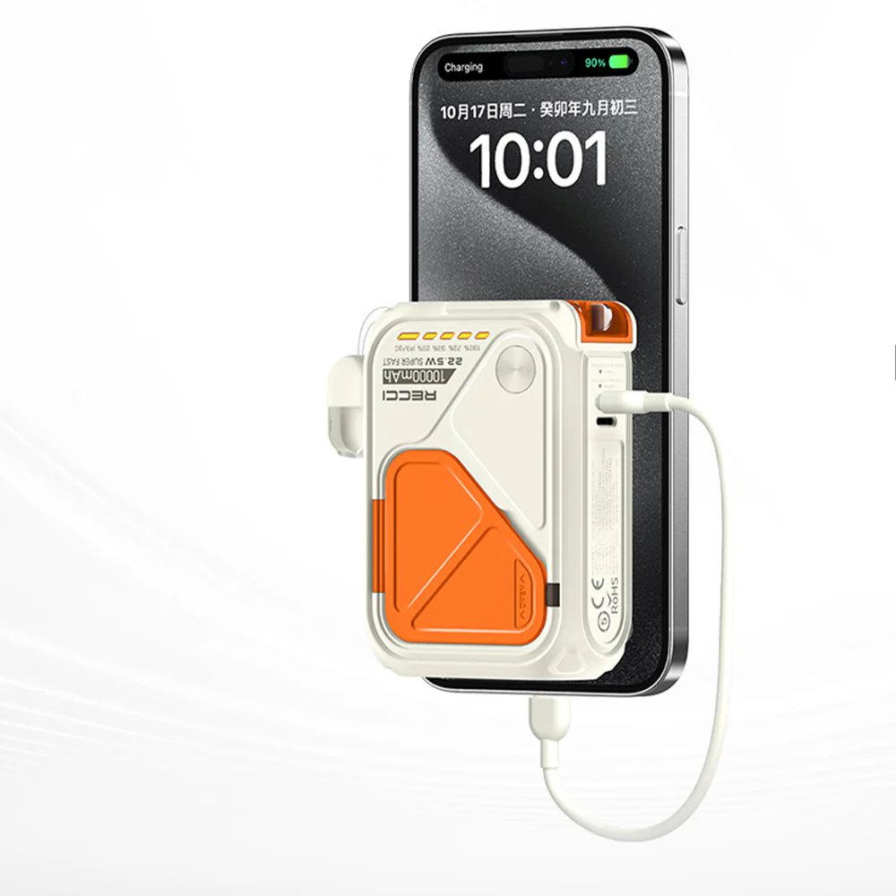Recci Voyage RPB-A06 5in1 Magnetic Wireless Power Bank With Holder USB + Type-C + Lightning 22.5W Fast Charging 10000mAh Built-In Charger + Type-C Cable - White - Image 7