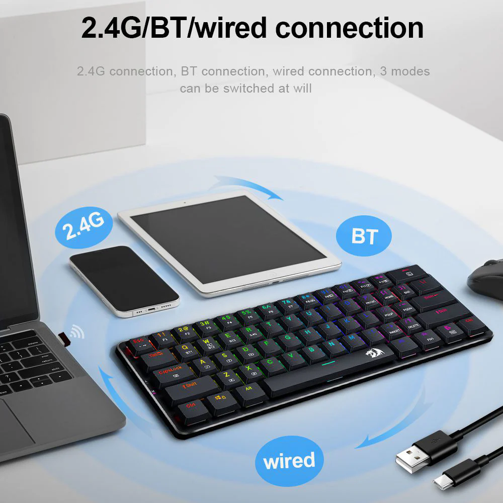Redragon Elise Pro K615P-KBS Blue Switch Triple Mode Bluetooth Wireless & Wired RGB Gaming Keyboard English & Arabic - Image 15