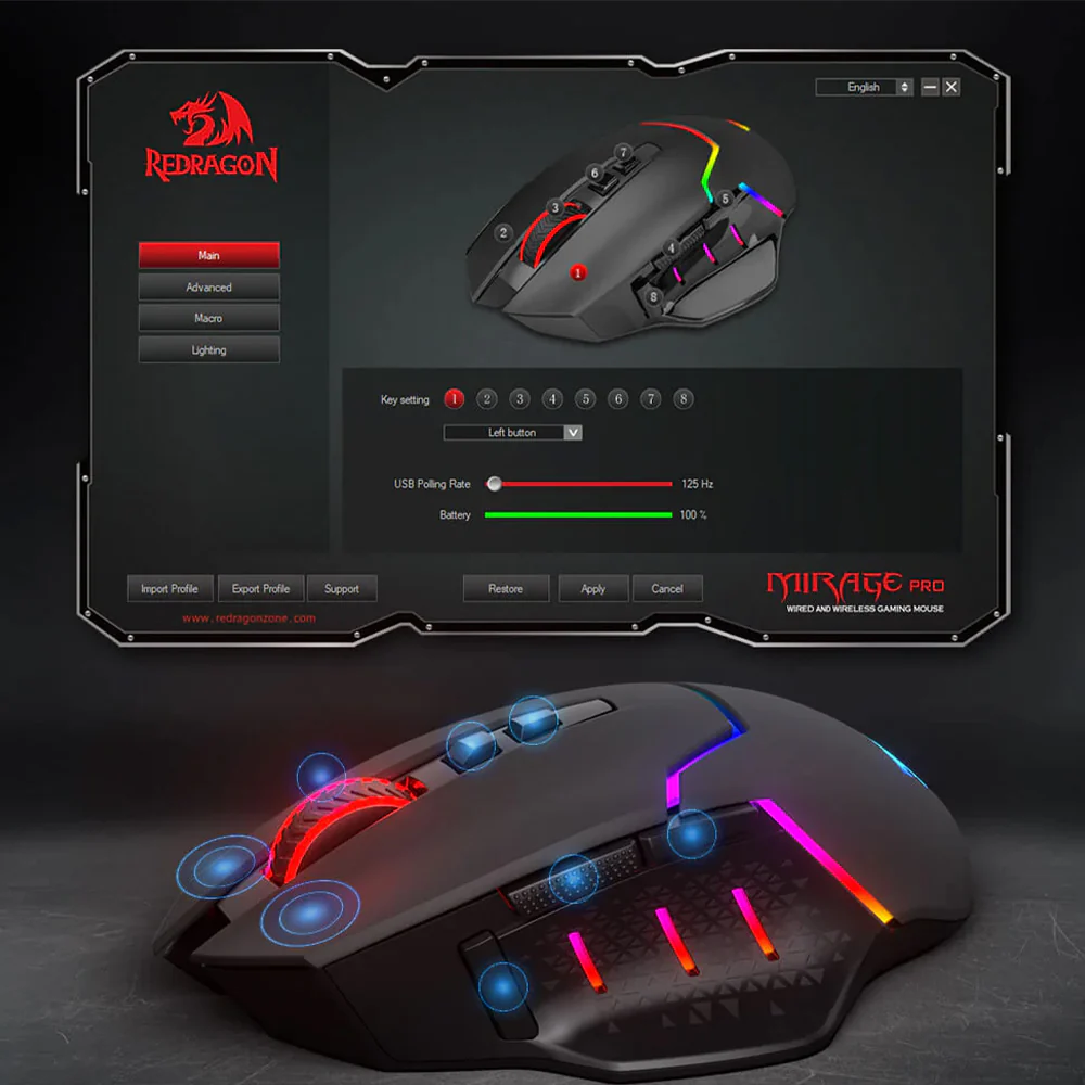 Redragon MIRAGE M690 PRO Dual Mode Rechargeable Wireless & Wired Gaming Mouse 8000Dpi - Black - Image 6