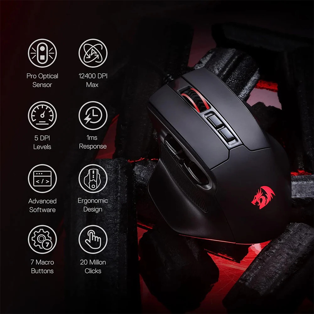 Redragon M806 Bullseye Wired RGB Gaming Mouse 12400Dpi - Black - Image 4