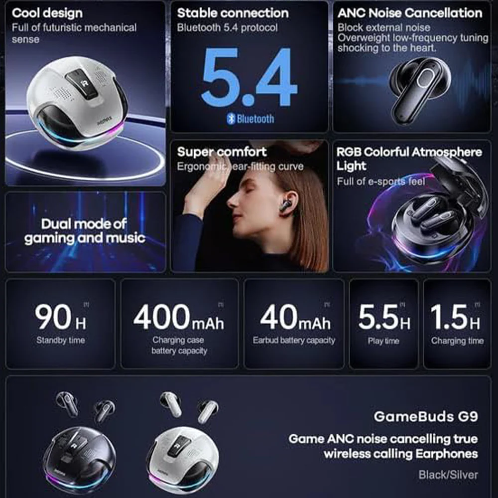 Remax GameBuds G9 RGB ANC True Wireless Earbuds - Silver - Image 3