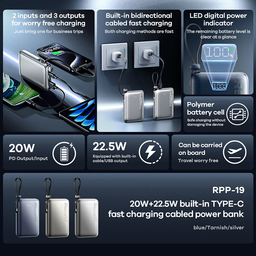 Remax RPP-19 Power Bank USB + Type-C 22.5W Fast Charging 10000mAh Built-In Type-C Cable - Image 8