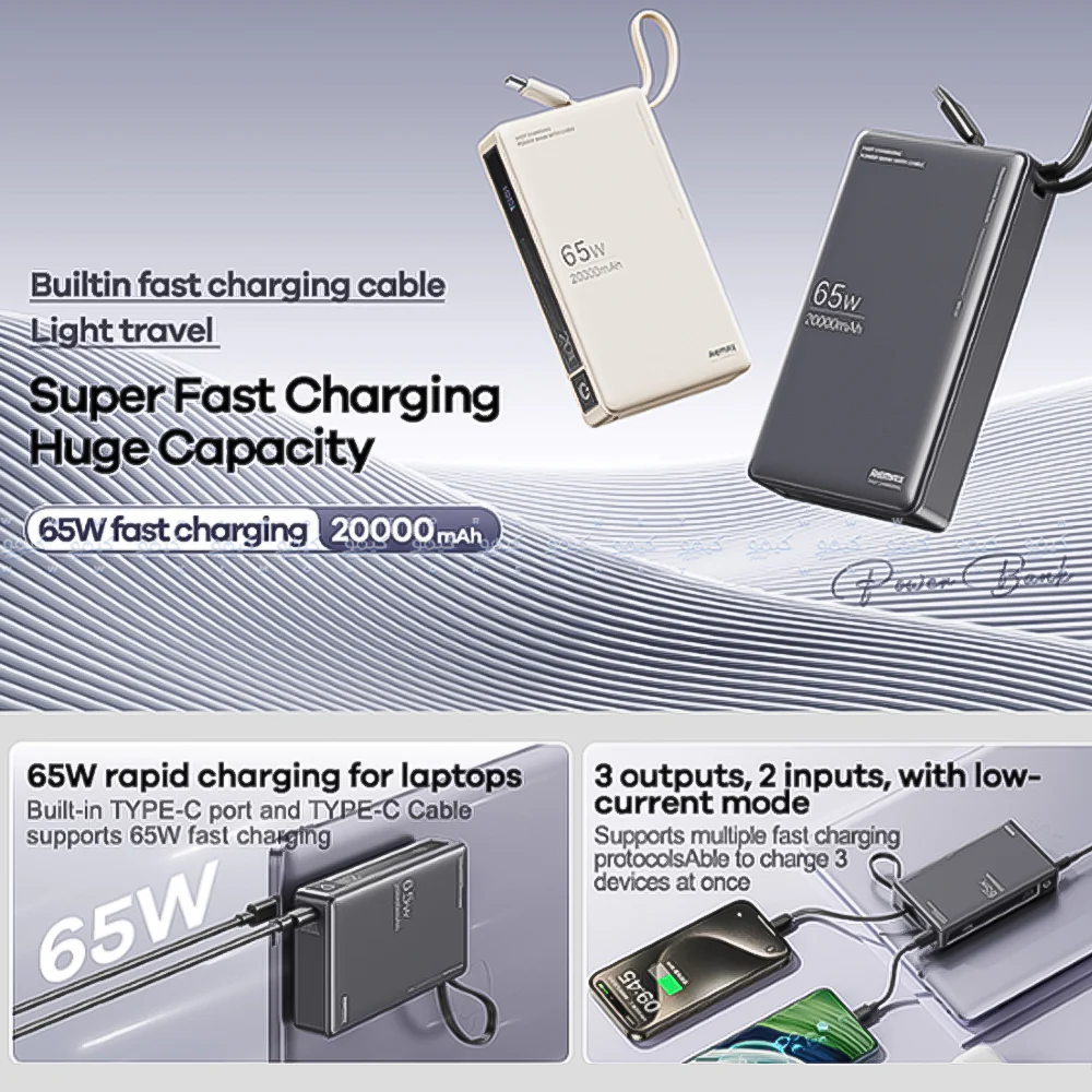 Remax RPP-87 Power Bank USB + Type-C 65W Fast Charging 20000mAh Built-In Type-C Cable - Space Gray - Image 4