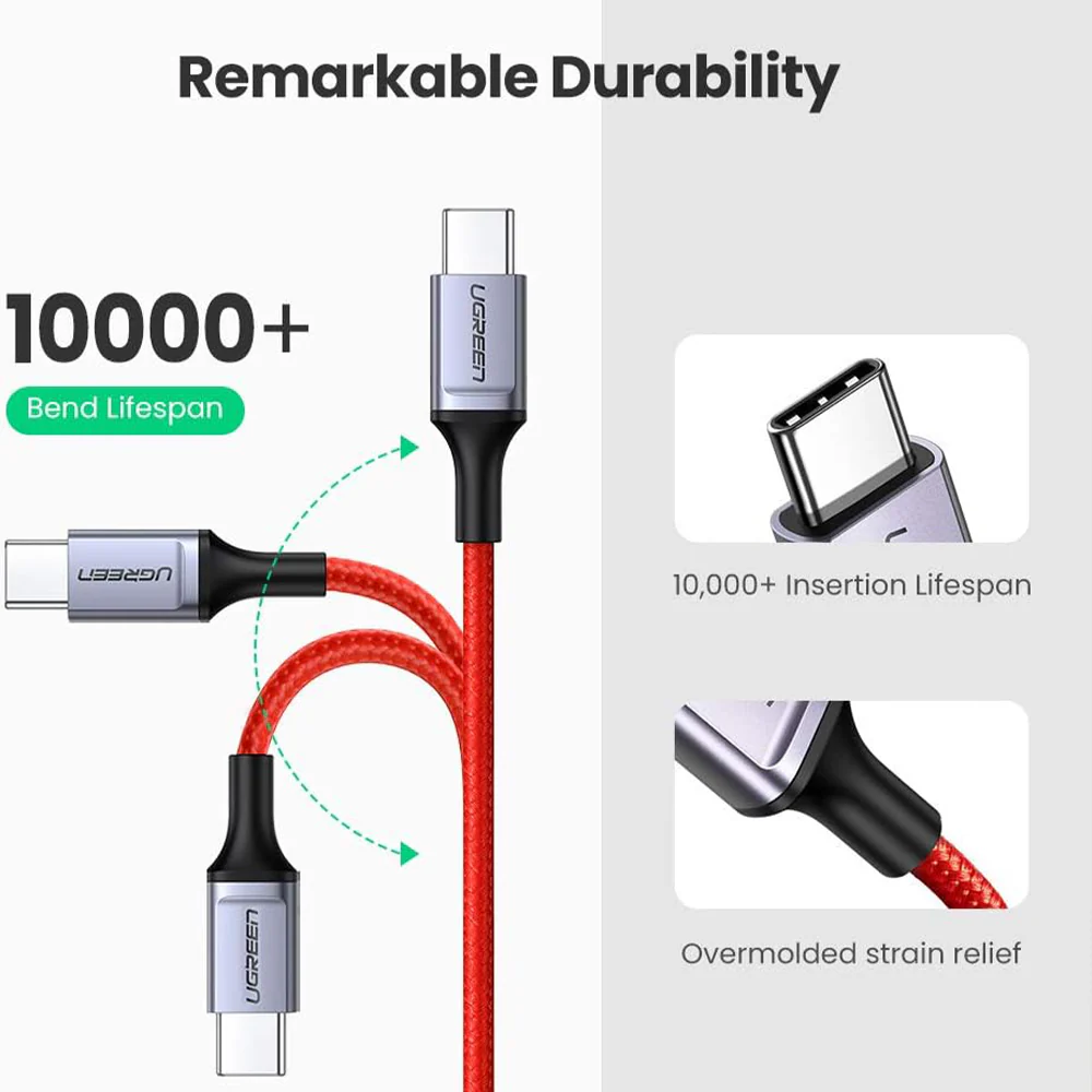 Ugreen 60186 PD Type-C To Type-C Cable 3A 60W Fast Charging 1m - Red - Image 3