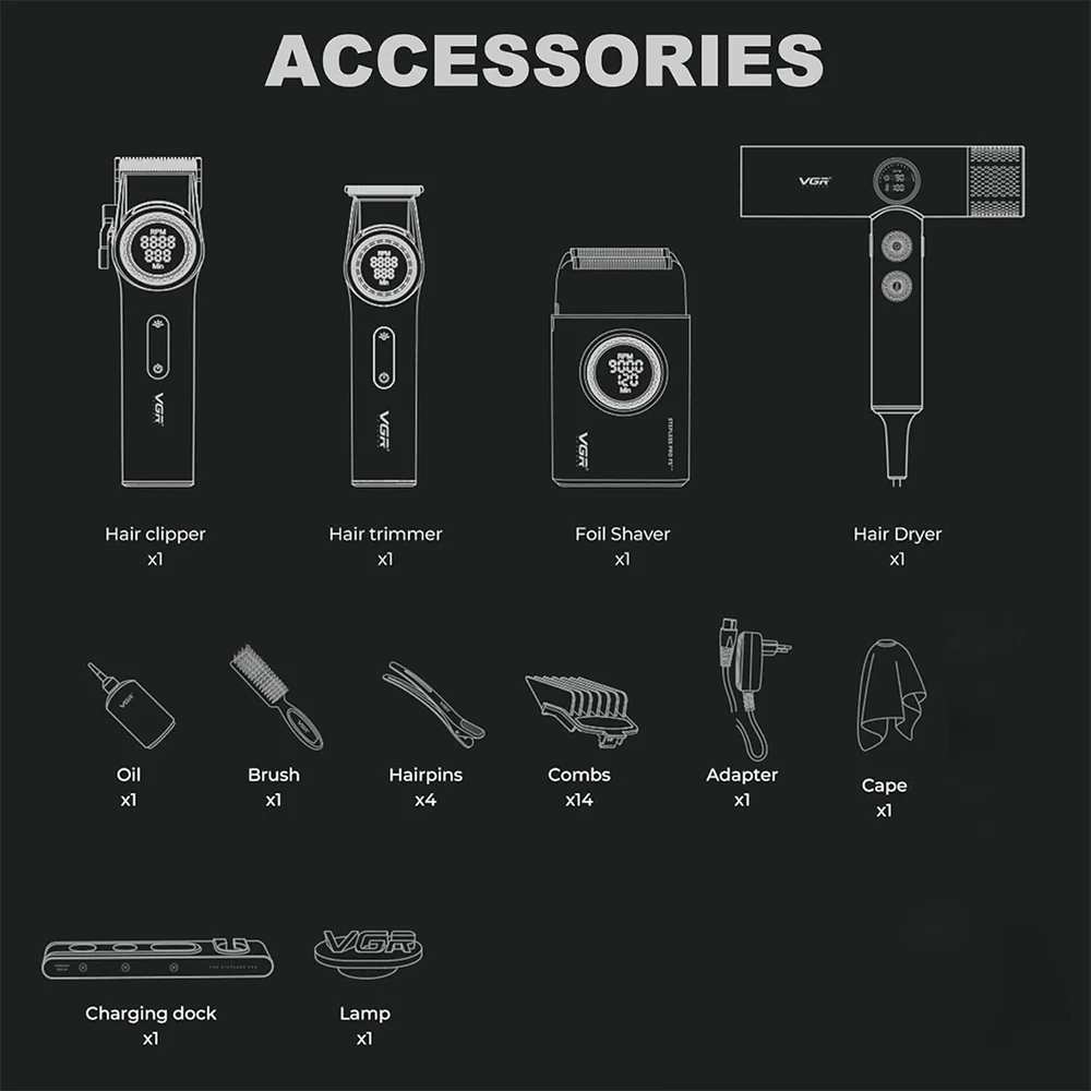 VGR Professional Barber Combo Set 4in1 Stepless Pro 4 - Image 9